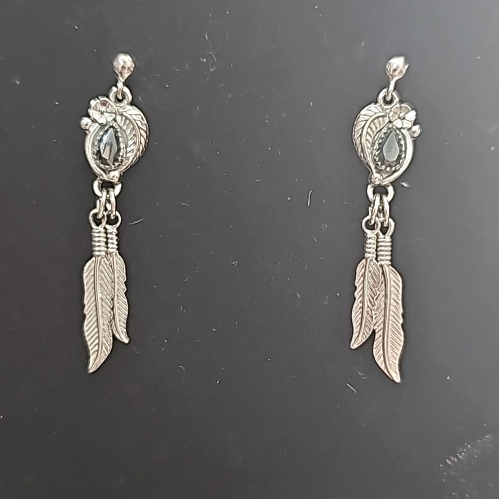 Native American Sterling Silver and Black Hematite Feather Dangle Earrings